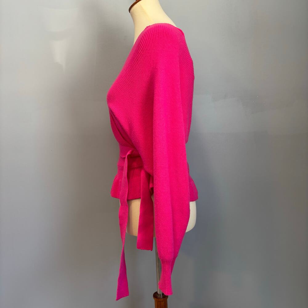 Lulus Hot Pink Barbiecore Wrap Sweater Coquette Ruffle Hem Balletcore Preppy S - Picture 4 of 8